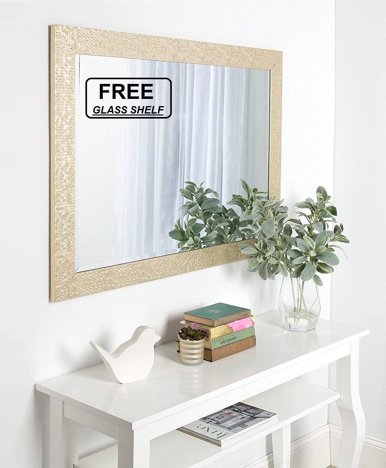 Creative Arts n Frames Fiber Wood Framed Wall Mirror with Free Multi Purpose Glass Shelf/Tray/Rack/Organizer || Mirror with Shelf || Water Resistant || (1, Champagne Gold) (15x21)