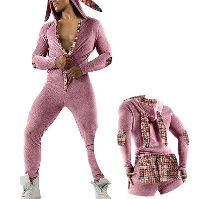 Mens Onesies Pajamas Rabbit Ears Hooded Thermal One Piece Union Suit Butt Flap