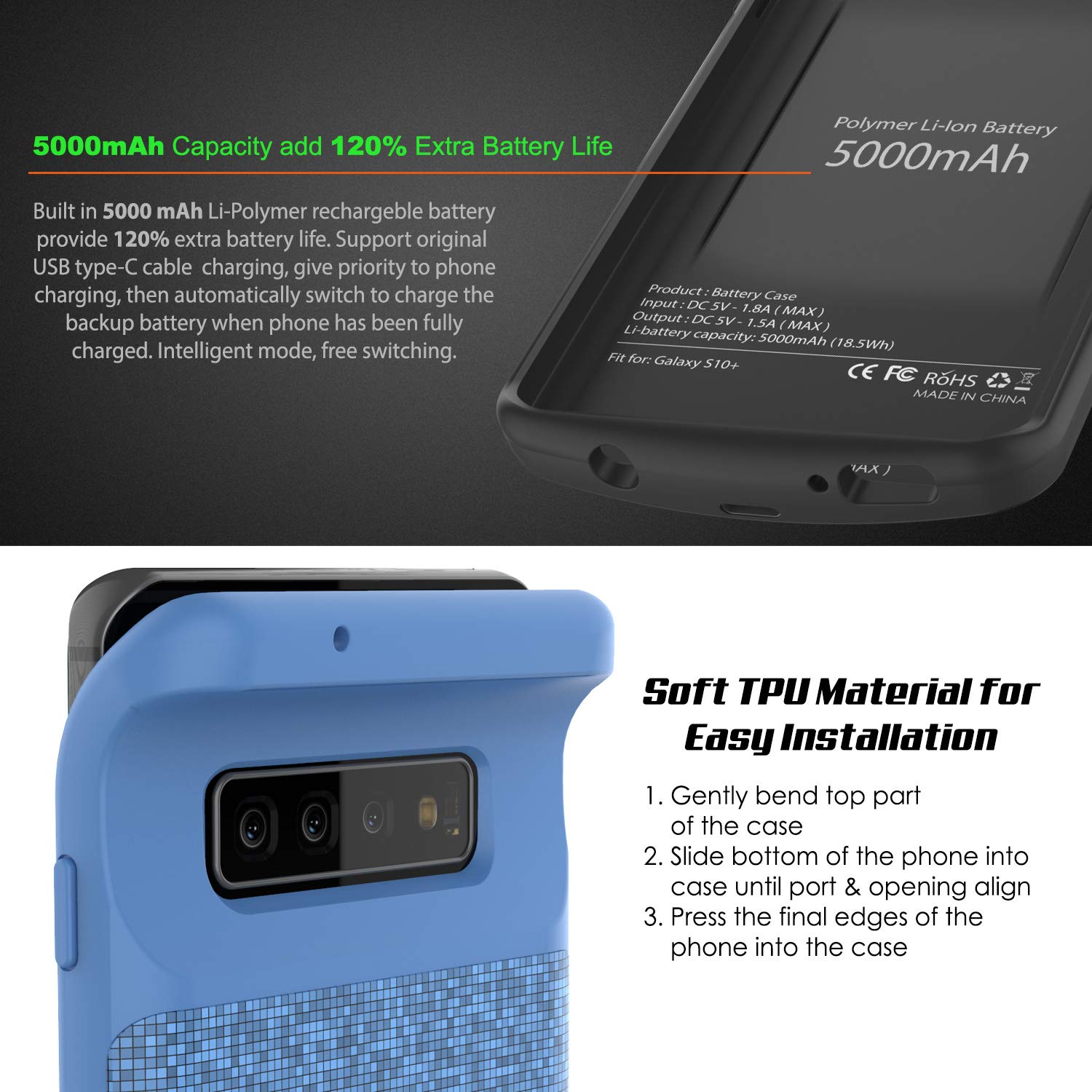 PunkJuice S10 Plus Battery Case, 5000mAh Fast Charging Extended Power Bank W/Screen Protector | IntelSwitch | Slim, Secure and Reliable Compatible W/Samsung Galaxy S10 Plus [Blue]