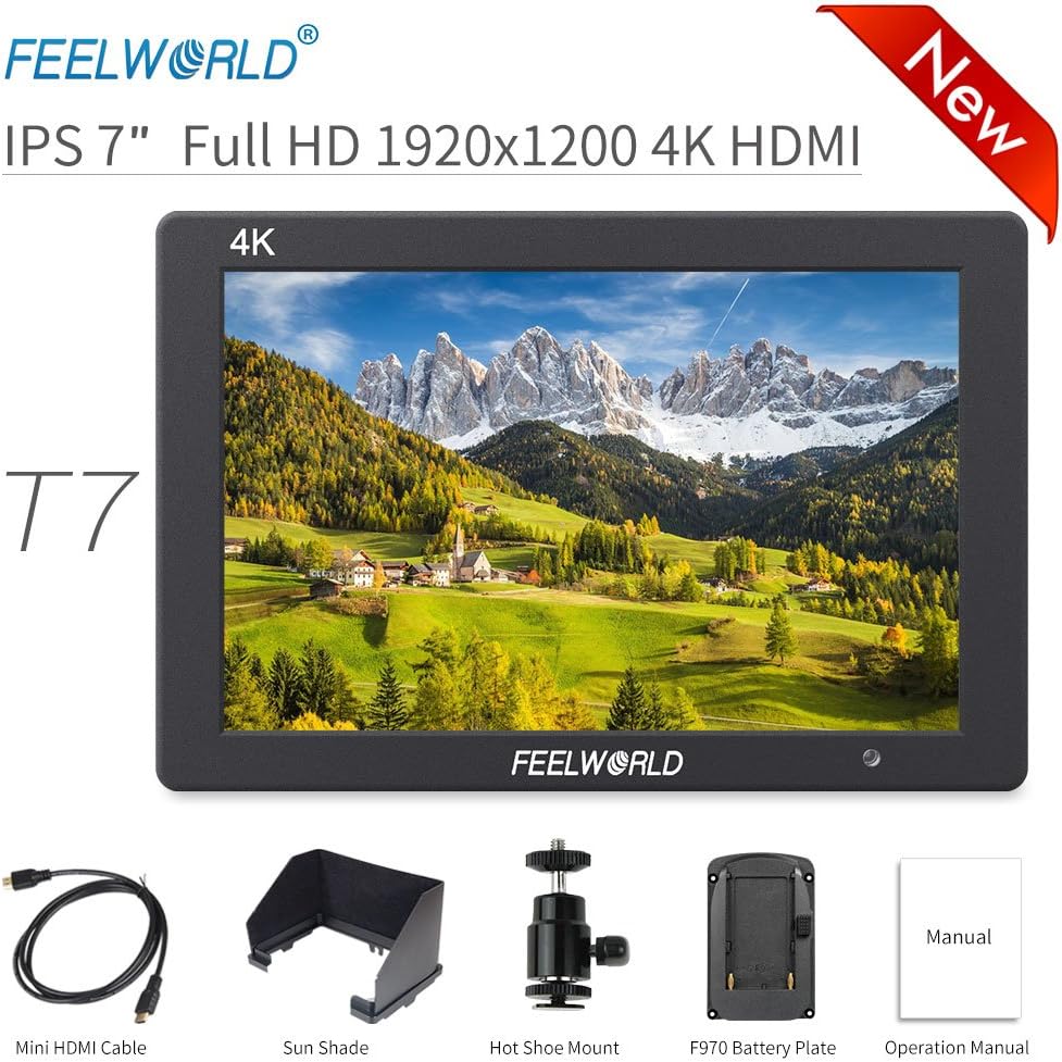 FeelworldT7 7 Inch DSLR On Camera Field Monitor Video Assist Full HD 1920x1200 4K HDMI Input Output with Peaking Focus Rugged Aluminum Housing
