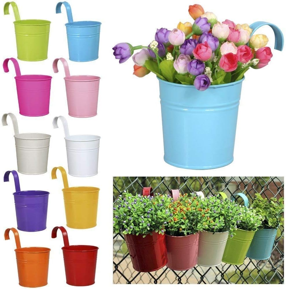 Colleer Hanging Flower Pot 10 PCS, Garden Railing Planter Pots Balcony Planters Multicolor Metal Bucket Flower Holders