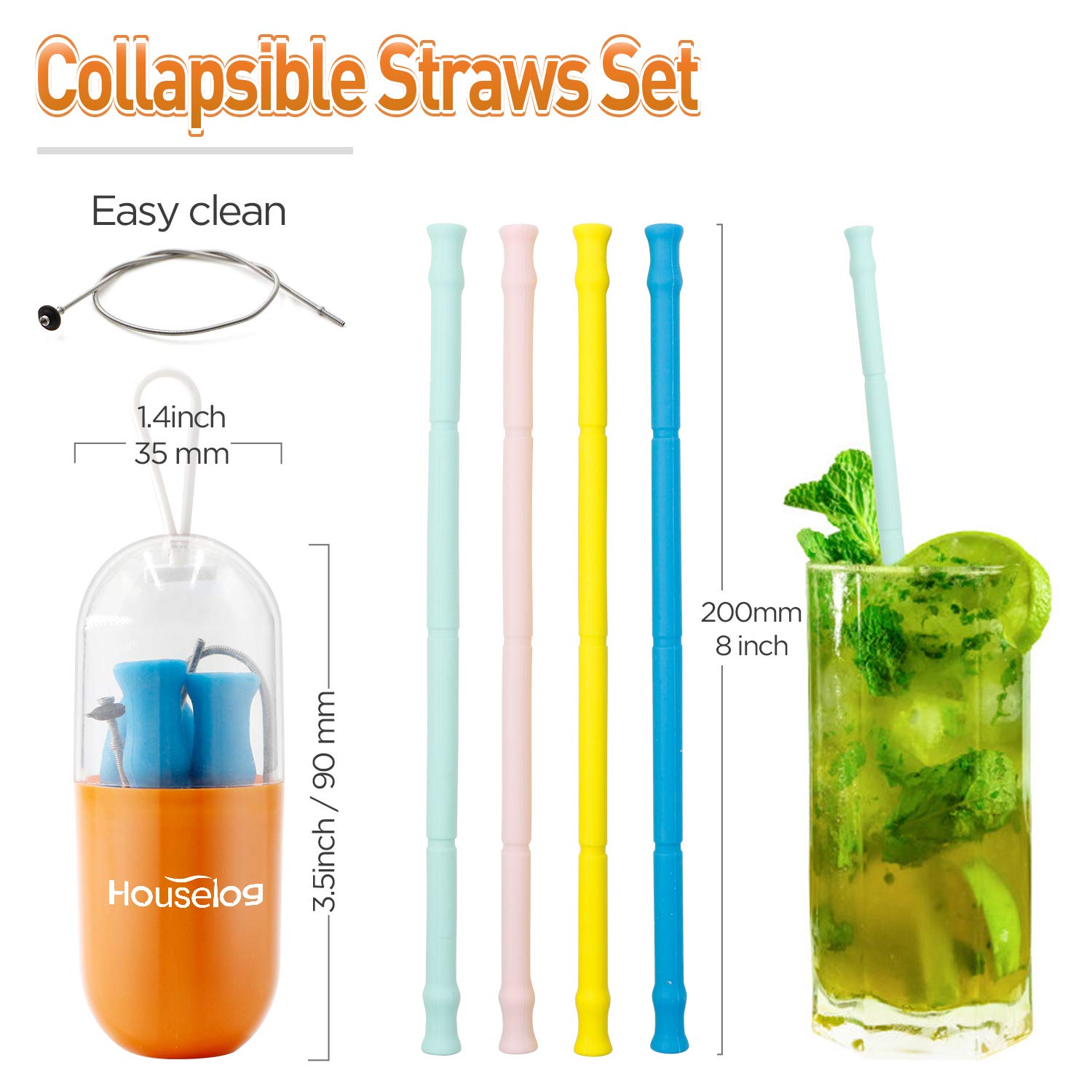 Reusable Silicone Collapsible Straws Food-Grade Drinking Straws 7.87 Inch