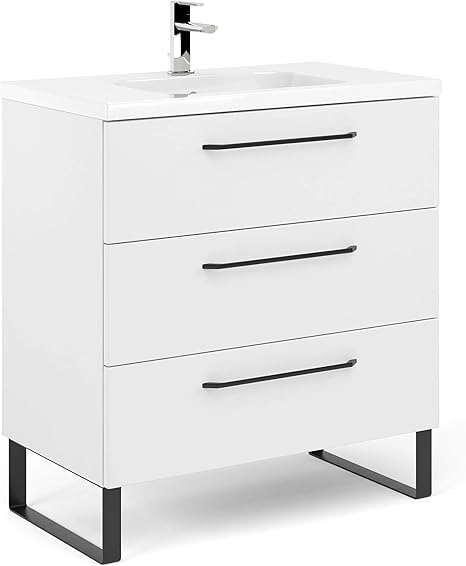 Amazon Com 32 Modern Bathroom Vanity Cabinet Set Denver White Wood Black Handles And Legs Vanity Cabinet Ceramic Top Sink Kitchen Dining