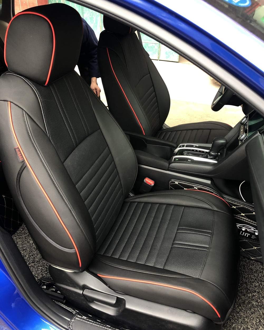 Amazon Com Ekr Custom Car Seat Covers For Select Honda Civic Sedan 2016 2017 2018 2019 2020 2021 Rear Row Solid Folding Backrest Leatherette Black With Red Trim Automotive