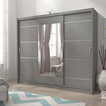Psk Sarah 250 Armoire En Aluminium Avec 3 Portes Coulissantes Et Miroir Avec Garnitures Horizontales En Aluminium Grandes Lumieres Led Modernes Grises Amazon Fr Cuisine Maison