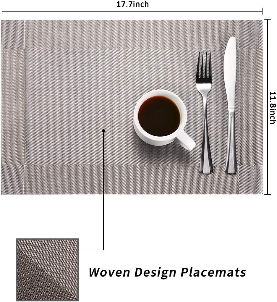 Syntus Placemats, Silver Grey PVC Woven Vinyl Table Mats Washable Non-Slip Heat Resistant for Kitchen Dinning Table Thanksgiving & Christmas, Set of 4: Home & Kitchen