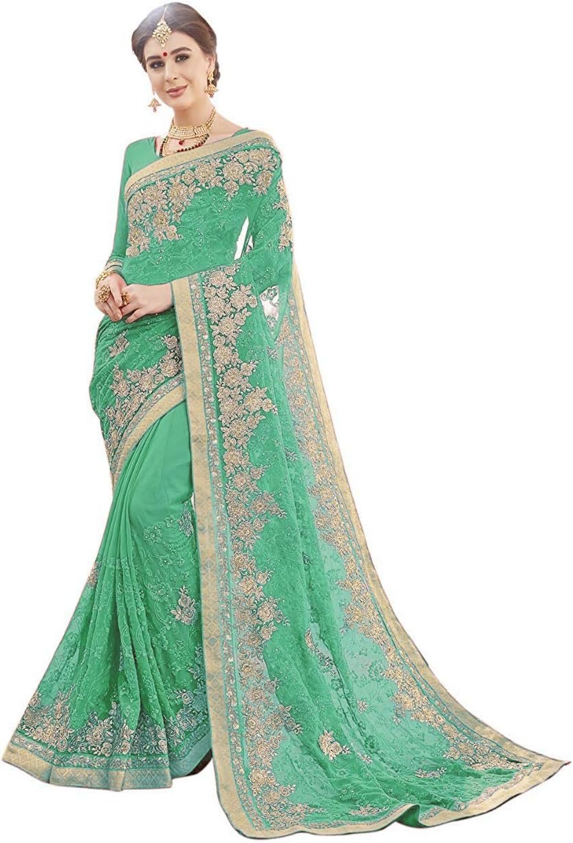 Viviki Fashion Chiffon Saree With Blouse Piece (heena green_Green_Free Size)
