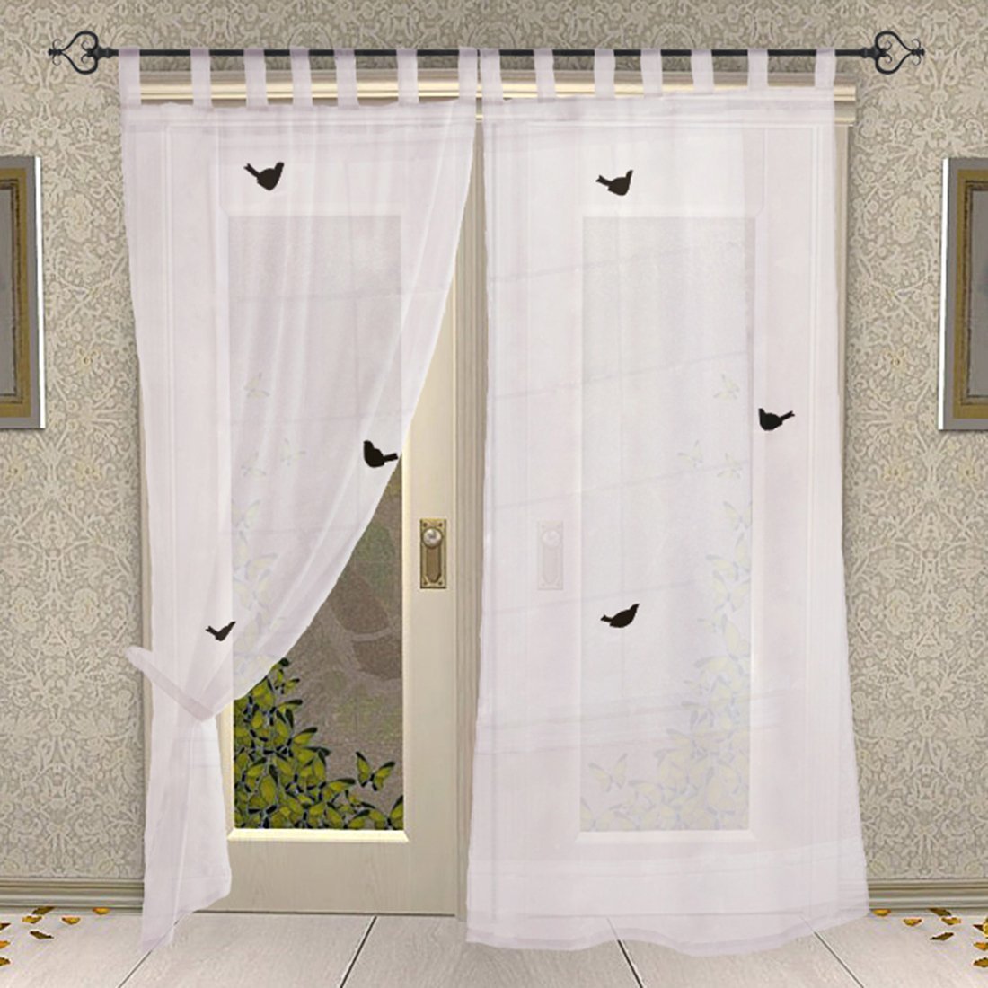 Designer Tab Top Plain Bird Block Printed White Cotton