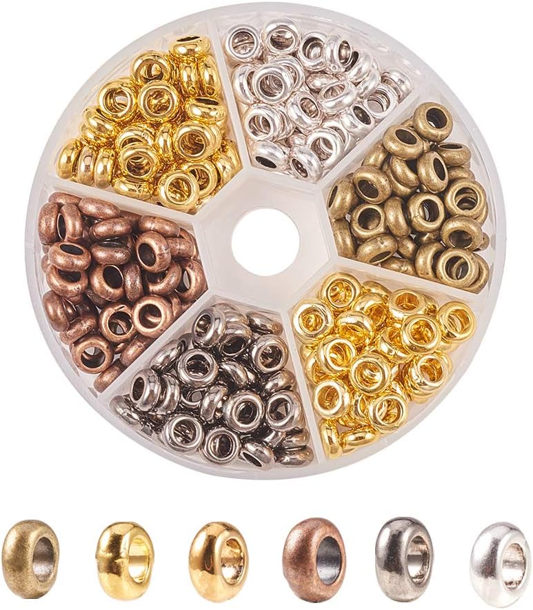PH PandaHall 300pcs 6 Color Rondelle Large Hole Spacer Beads Tibetan European Spacer Loose Hole Metal Beads for Necklace Bracelet Jewellery Making 7mm