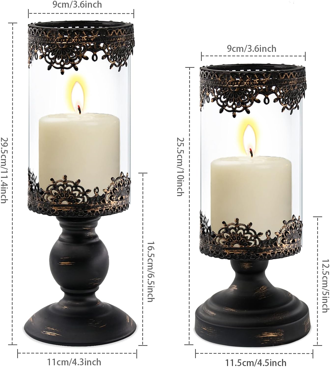 Newthinking Hurricane Candle Holders, Set of 2 Metal Pillar Candle Holders with Glass Cover for Home, Wedding, Candlelight Dinner Decoration: Kitchen & Dining