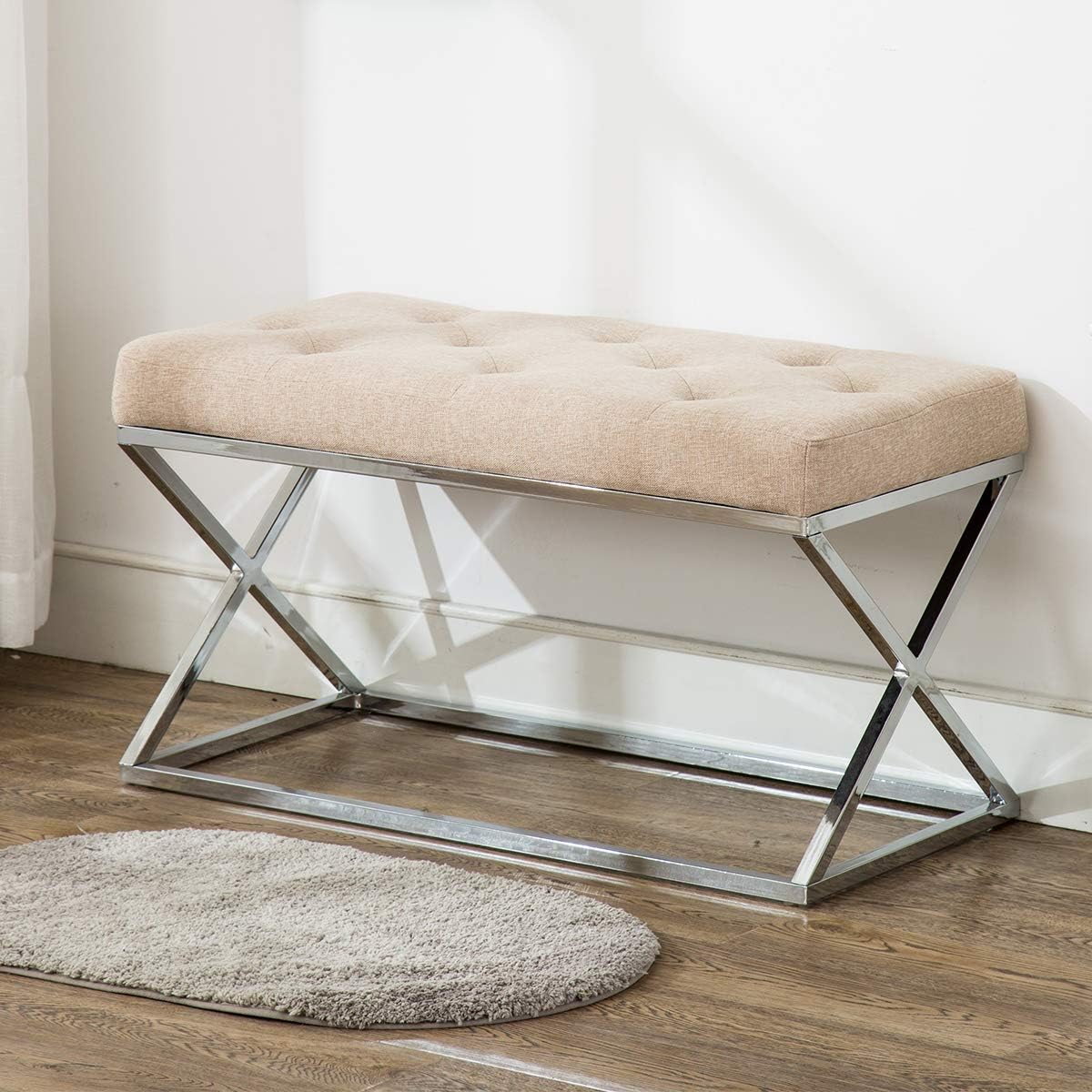 Upholstered Ottoman Bench X Metal Entryway Bench with Tufted Design(Double Seat, A)