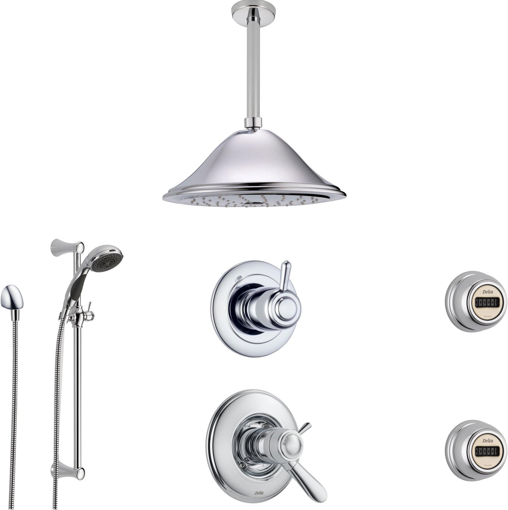 Delta Lahara Chrome Shower System with Thermostatic Shower Handle, 6-setting Diverter, Large Ceiling Mount Rain Showerhead, Handheld Shower Spray, and 2 Body Sprays SS17T3894