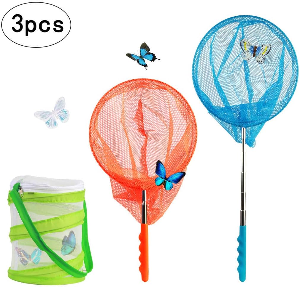 SEELOK 2pcs Telescopic Butterfly Nets Extendable Fishing Net with Butterflies Village Habitat for Kids Catching Bugs Insect Small Fish Grasshopper Crickets Firefly Outdoor Activities
