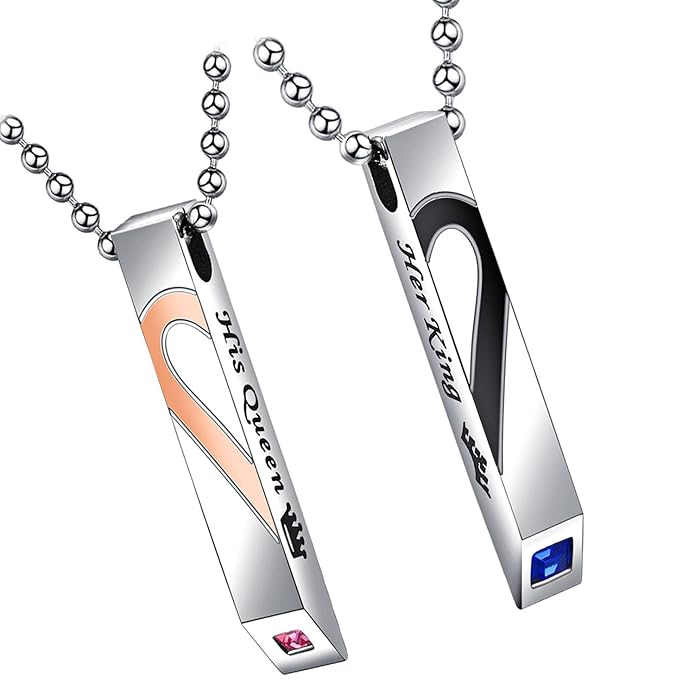 Oidea 2 Stück Edelstahl Pärchen Herz Puzzleanhänger Halsketten silber mitHer King His Queen Ketten mit Zirkonia Geschenke Für