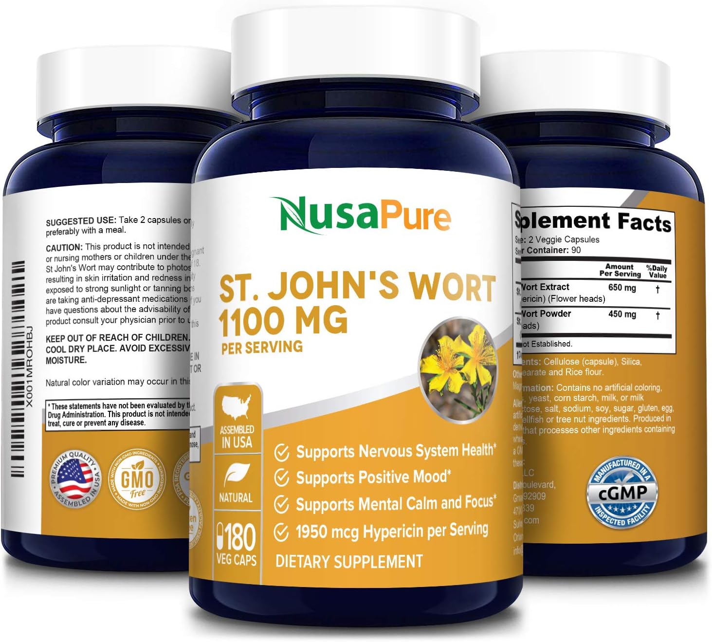 St. John's Wort 1100mg 180 Veggie Capsules (Non-GMO & Gluten Free) 1950mcg Hypericin Saint Johns Wort for Mood, Anxiety & Depression Support (550mg per Capsule): Health & Personal Care