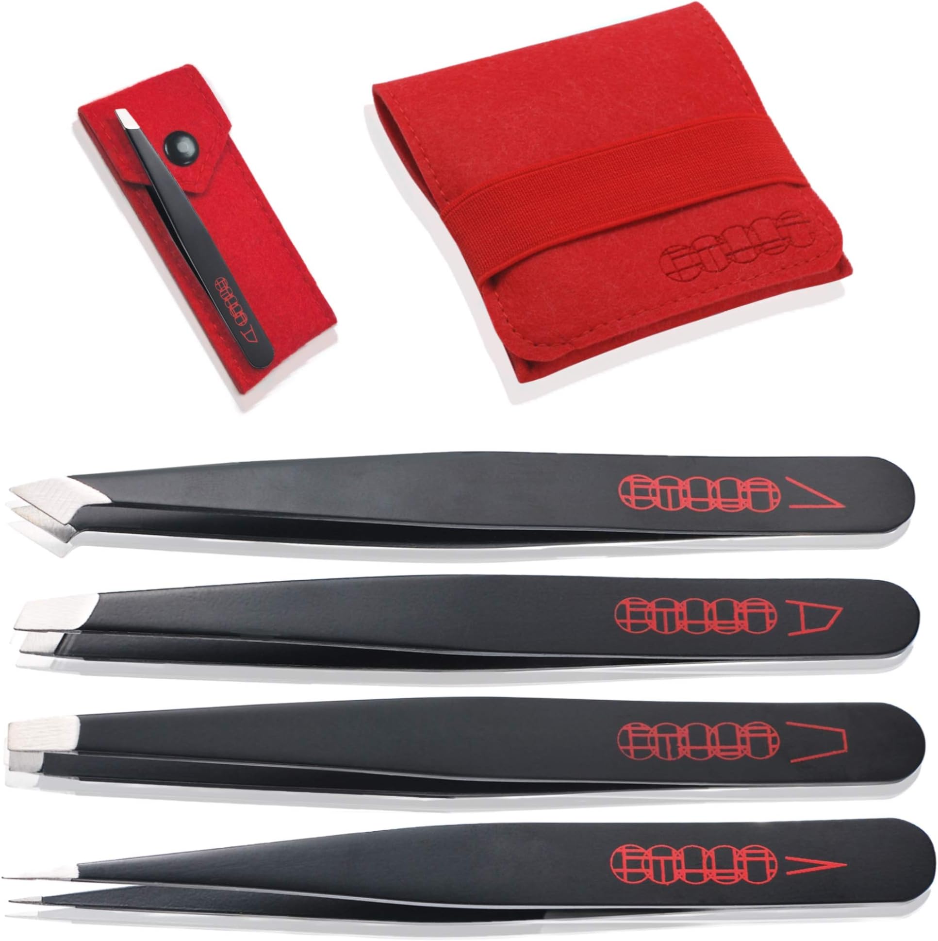 4 pcs Tweezers + 1 BONUS Slant Tweezer, Upgraded Tweezer Set - 1.5mm Stainless Steel with Protective Cases. - For Travel, Eyebrows, Ingrown Hair, Splinter, First Aid Kit (Black Set)