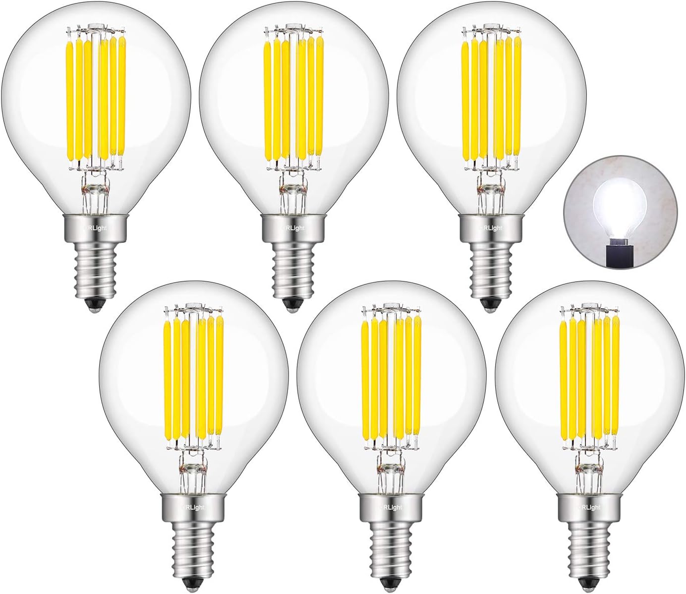 CRLight 6W Dimmable LED Candelabra Bulb 5000K Daylight White, 65W Equivalent 650LM E12 Base, Vintage Edison G16 Globe Clear Glass Chandelier Ceiling Fan Light Bulbs, Smooth Dimming Version, 6 Pack