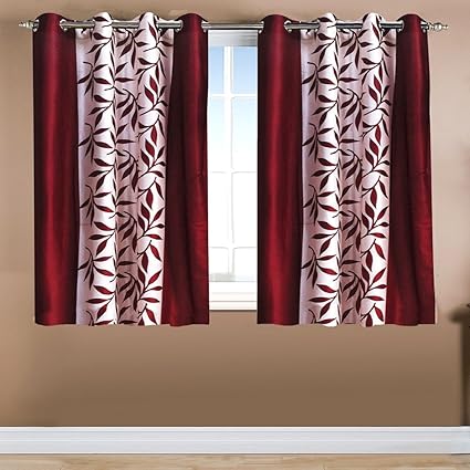 Home Candy Leave 2 Piece Polyester Window Curtain Set - 5ft, Maroon