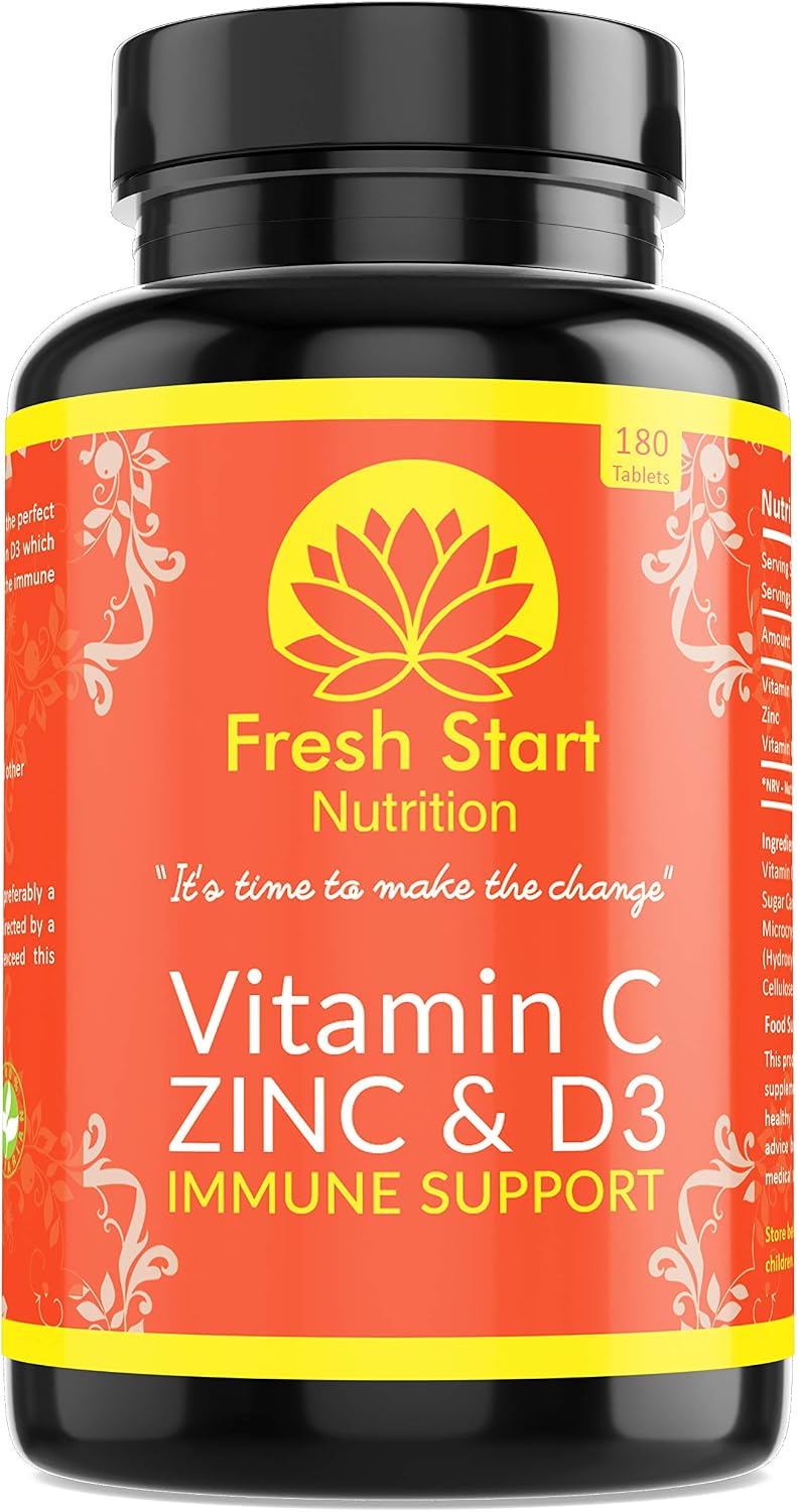 Vitamin C Zinc and Vitamin D Tablets, 180 Vegetarian Tablets for Men and Women, for Maintenance of Normal Immune System