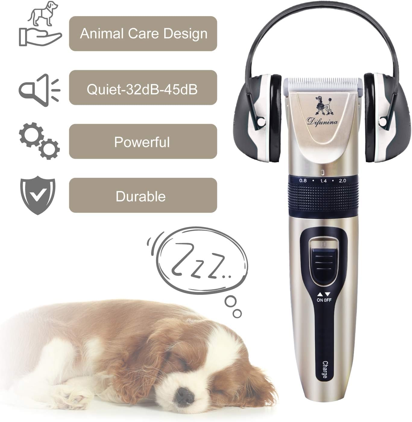 DIFUNINA Quiet Rechargeable Dogs Clippers Grooming Trimming Kit Set with Long Life Battery Use and Portable Vevet Pouch for Free for Small Middle Large Dogs and Cats Pets - Gold