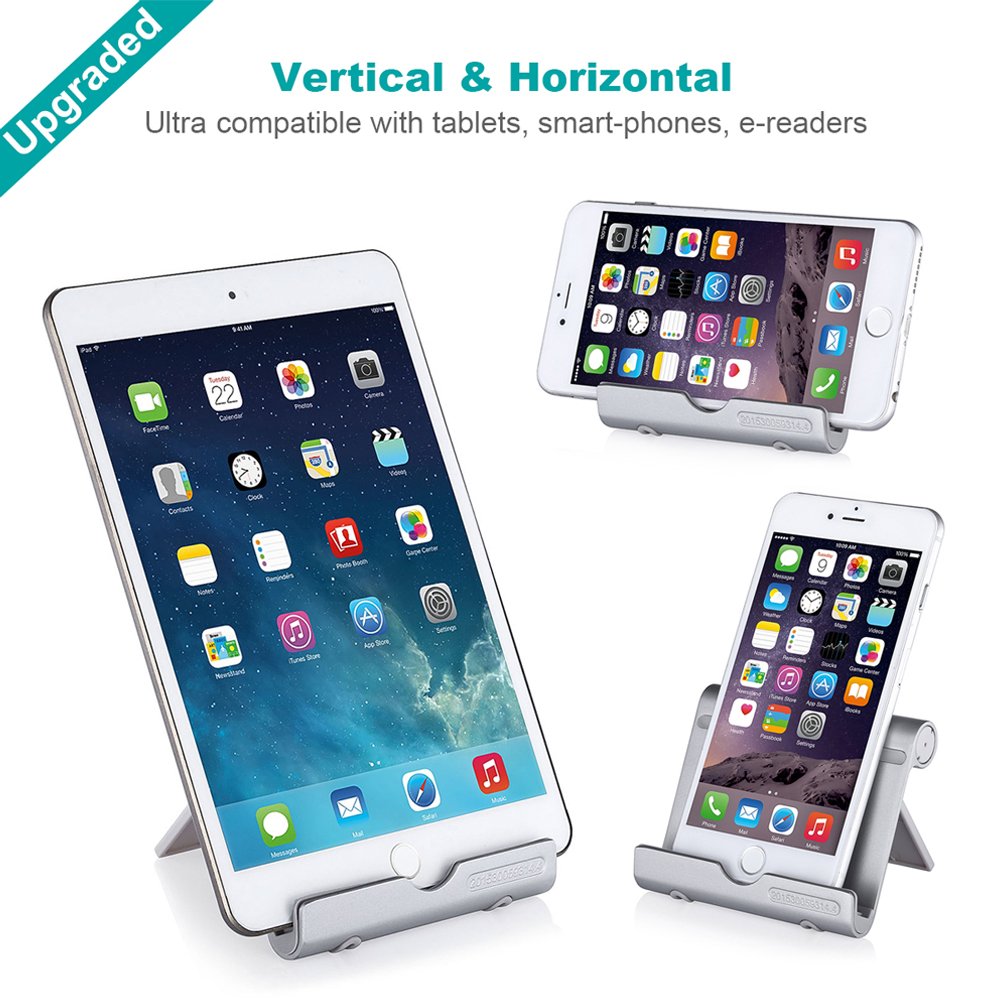 Aibocn Multi-angle Rotary Aluminum Digital Stand for Tablets Smartphones and E-readers Compatible With iPhone, iPad Air, Samsung Galaxy / Tab, HTC, Google Nexus, Honor, LG, BLU and More, Silver