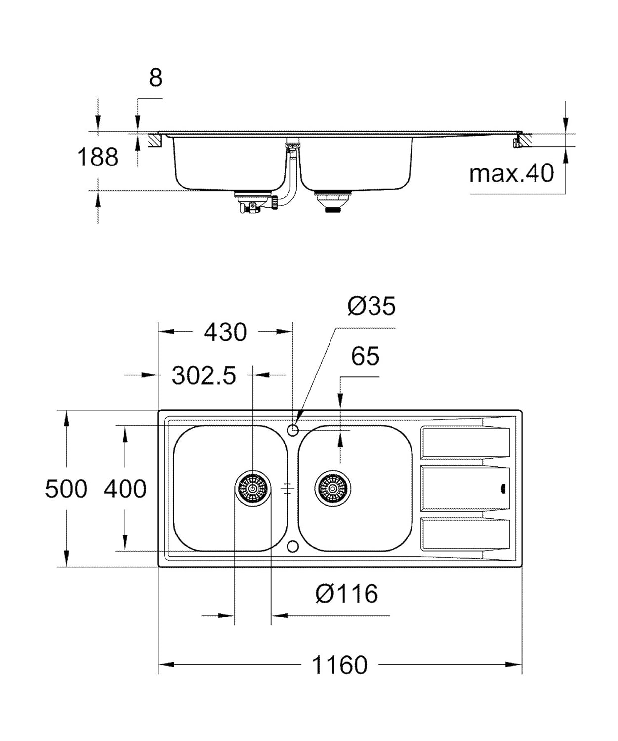 GROHE K400 K uuml che Edelstahlsp uuml le Mit Abtropffl ...