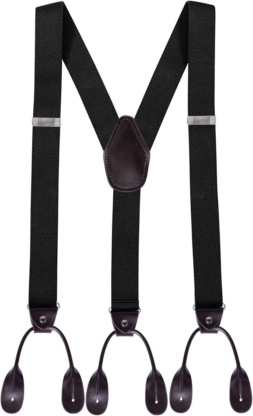 Loritta Mens Y Back Suspenders Leather Trimmed Elastic Button End Tuxedo Suspenders