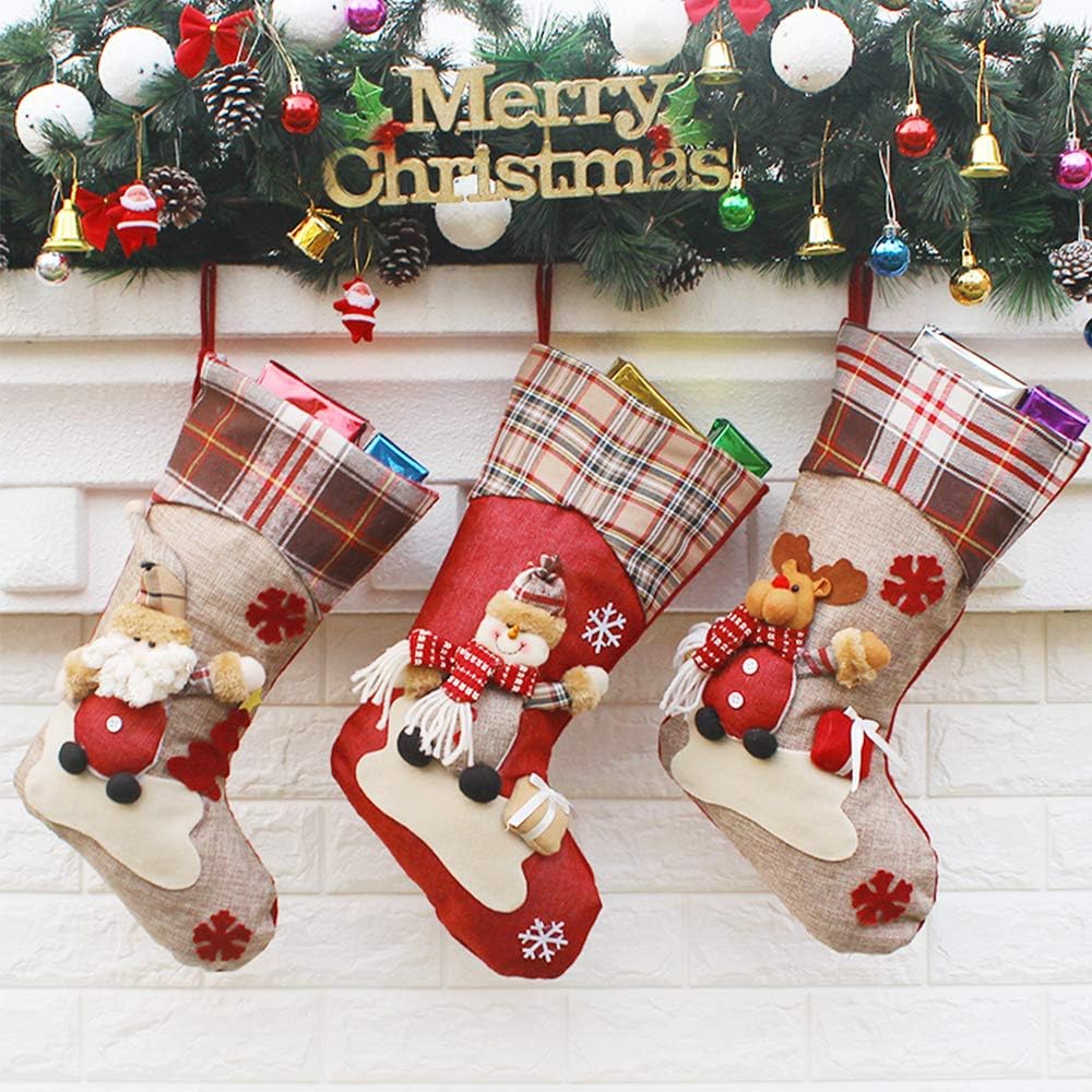 Christmas Stocking, 18" Set of 3 Santa, Mantel Decorations Ornaments Wonderland Stocking, Santa Snowman Reindeer Xmas Character 3D Plush with Faux Fur Cuff Christmas Decorations and Party Accessory