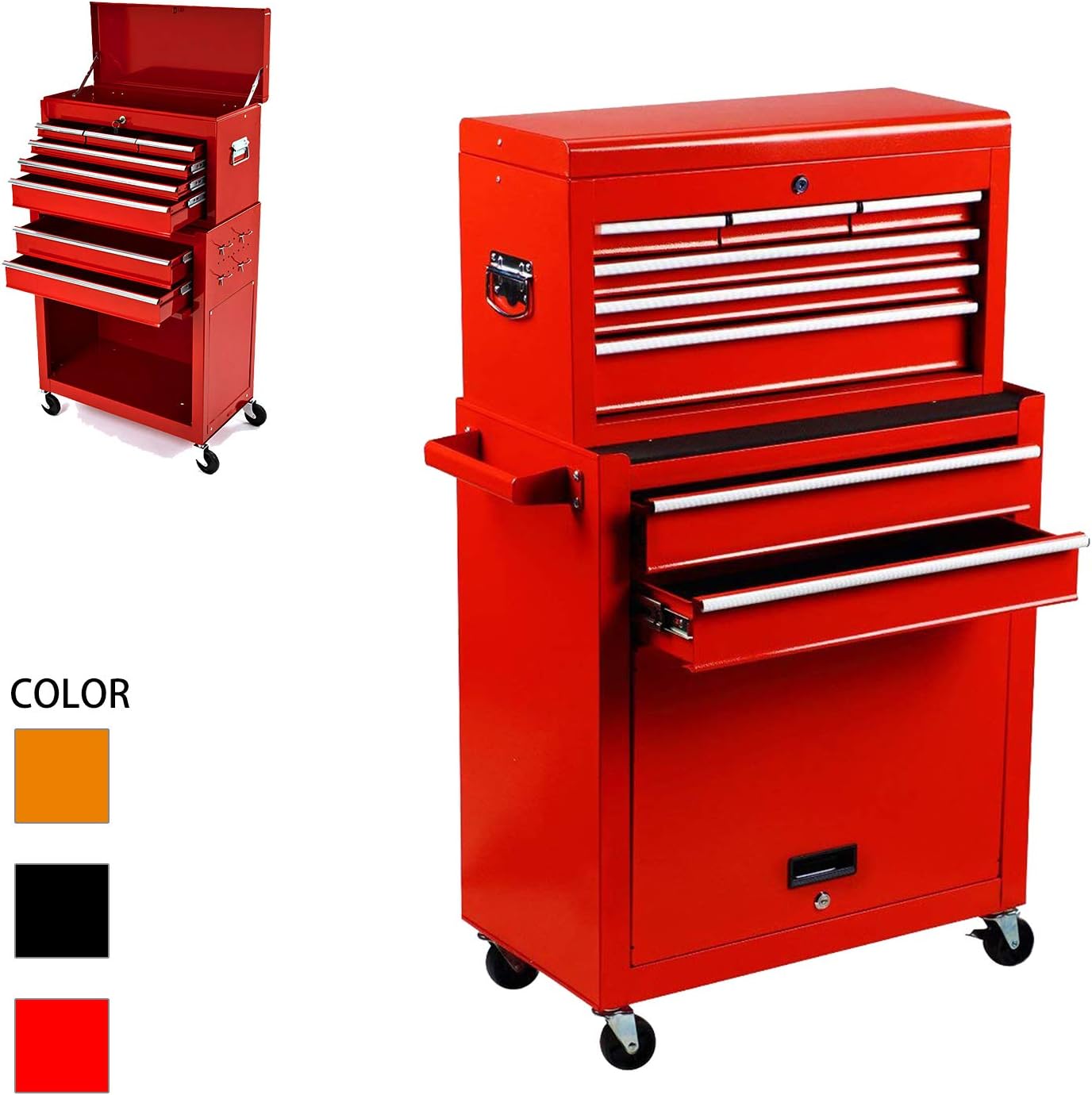Tool Box Rolling 2 in 1 Portable Tool Chest Cabinet Top&Bottom Key Lockable Storage Toolbox with 4 Swivel Wheels (2pc with brake), 8-Sliding Drawers Removable Toolbox Organizer, Red
