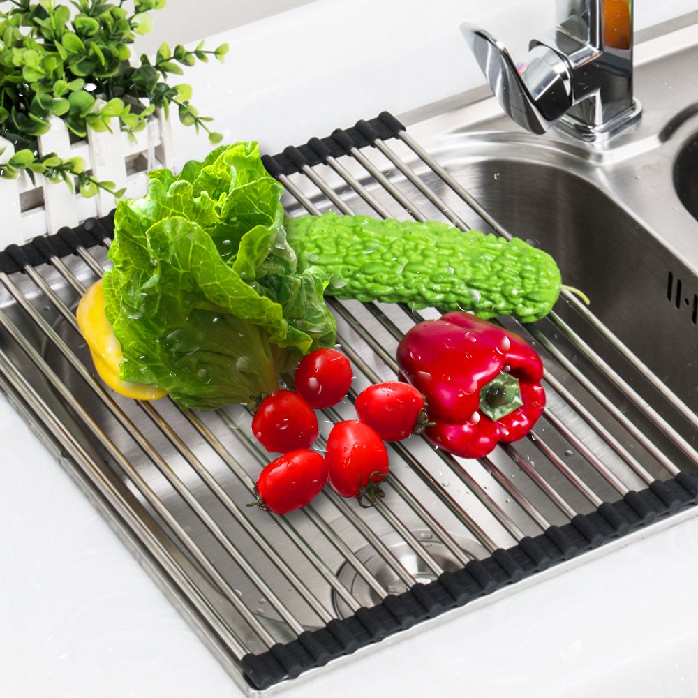 GoZheec Abtropfgestell Abtropfablage Abtropfgitter Trocknung Abtropfgestell 50 cm x 33 cm Spülbeckeneinlage Abtropfbrett faltbarer Edelstahl Abtropfgitter Abtropfständer Geschirr Abtropfkorb Colander für Spüle oder Arbeitsfläche in Ihrer Kü