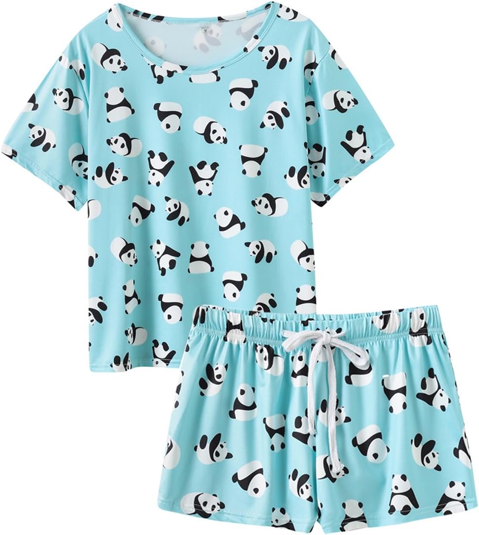 VENTELAN Pajamas for Women Cute Cartoon Sleep Tee Shirt Shorts Set Summer Sleepwear