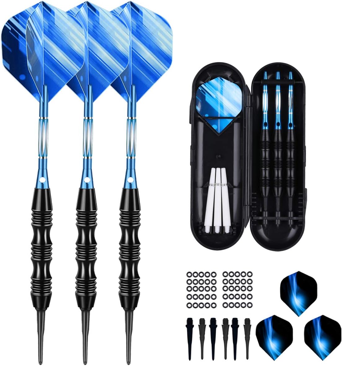 sanfeng Soft Tip Darts Set 20 Grams - Blue Aluminum Shafts 50 Rubber O-ring + 6 Standard Flights 30 Plastic Tips + Portable Case for Electronic Dart Board