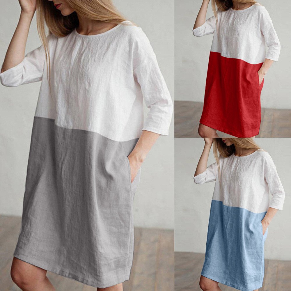POTO Women Dresses, Loose Color Stitching Casual Dresses with Pockets Cotton Linen Tunic Dress Party Dress Beach Dress