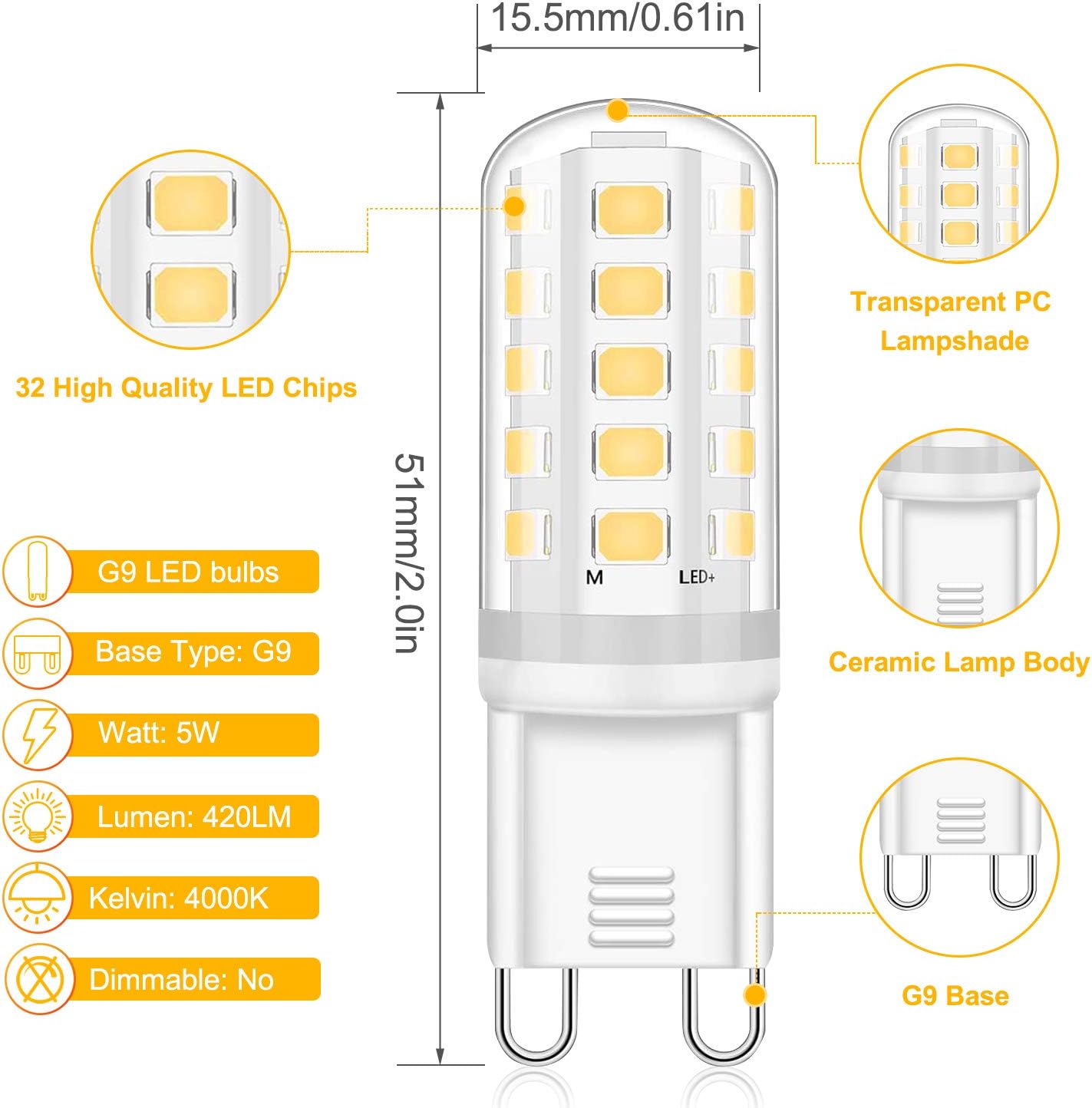 Eco.Luma G9 LED Bulb 5W Equivalent 40W Halogen Natural White 4000K, AC220-240V G9 LED Lamp - Image 4