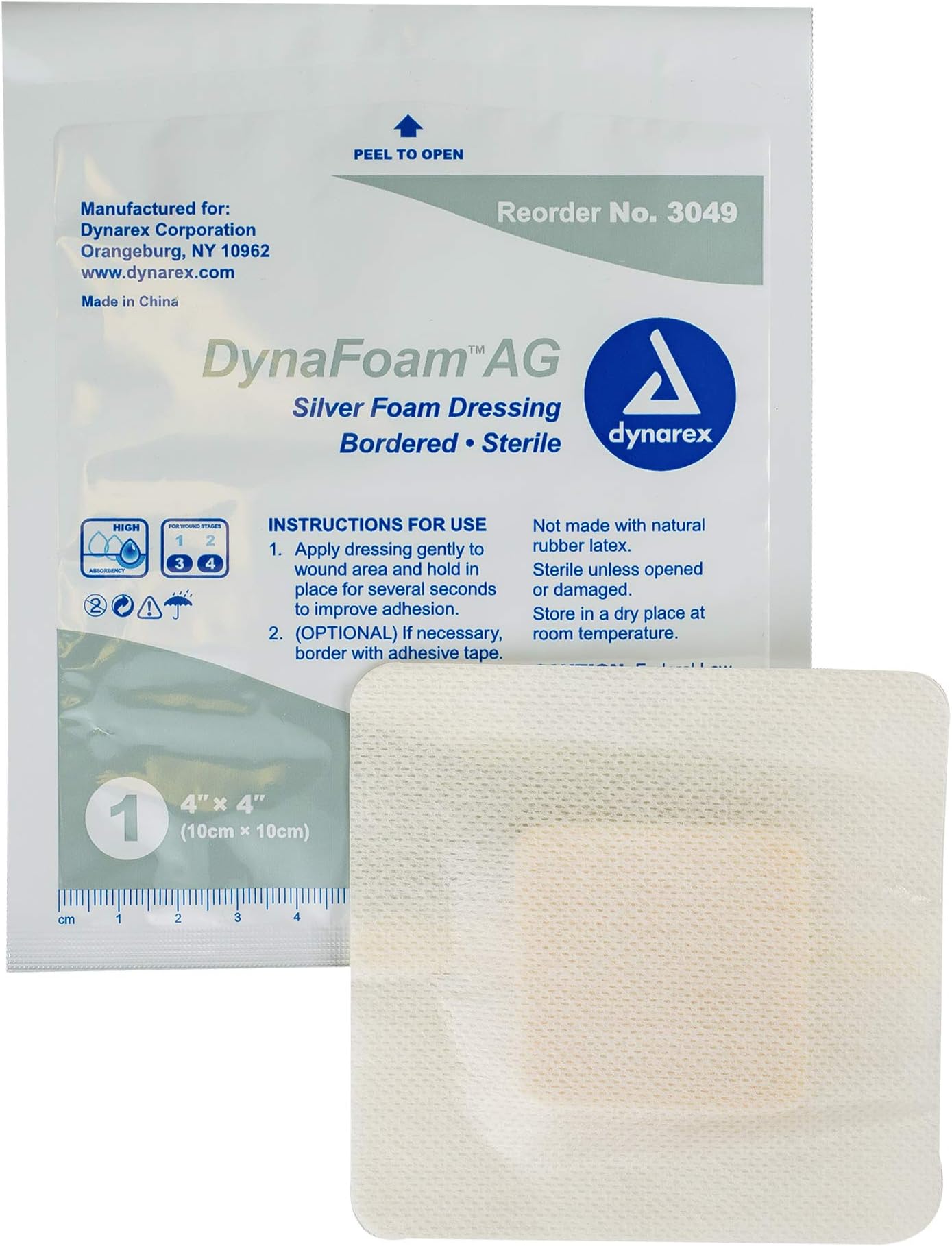 Dynarex Dynafoam Ag Waterproof Adhesive Bordered Silver Foam Wound Care Dressing, 10 Count