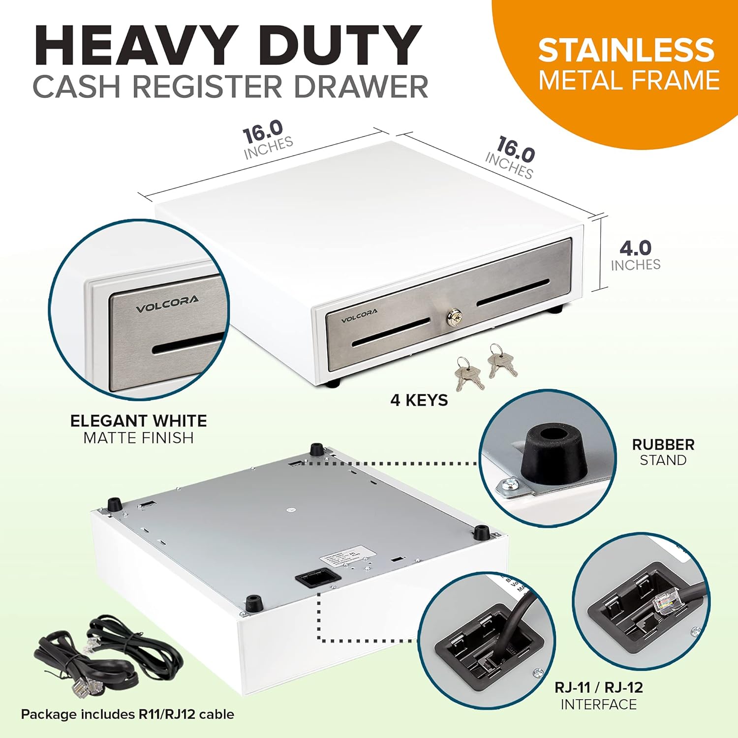 Cash Register Drawer for Point of Sale (POS) System - White and Stainless Steel Front - Fully Removable 2 Tier Cash Tray, 5 Bill/8 Coin, 24V, RJ11/RJ12 Key-Lock - Square Cash Drawer Under Counter : Electronics
