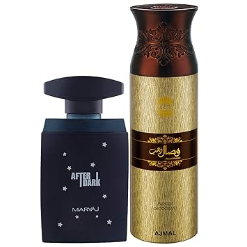 Maryaj After Dark Eau De Parfum Woody Aromatic Perfume 100ml for Men and Ajmal Wisal Dhahab Deodorant Fruity Floral Fragrance 200ml for Men + 2 Parfum Testers FREE