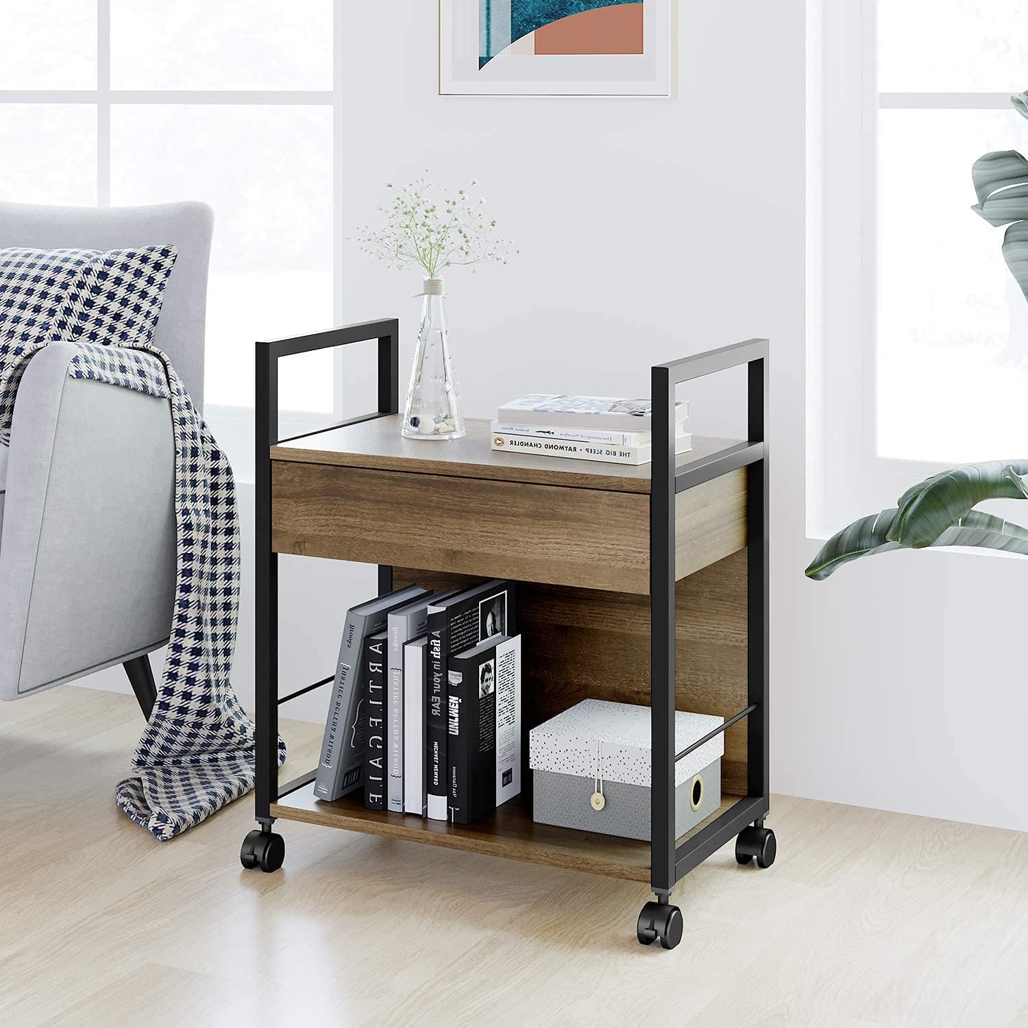 DEVAISE Mobile Printer Stand with Storage Drawer, Modern File Cabinet Printer Cart for Home Office, Gary Oak : Electronics