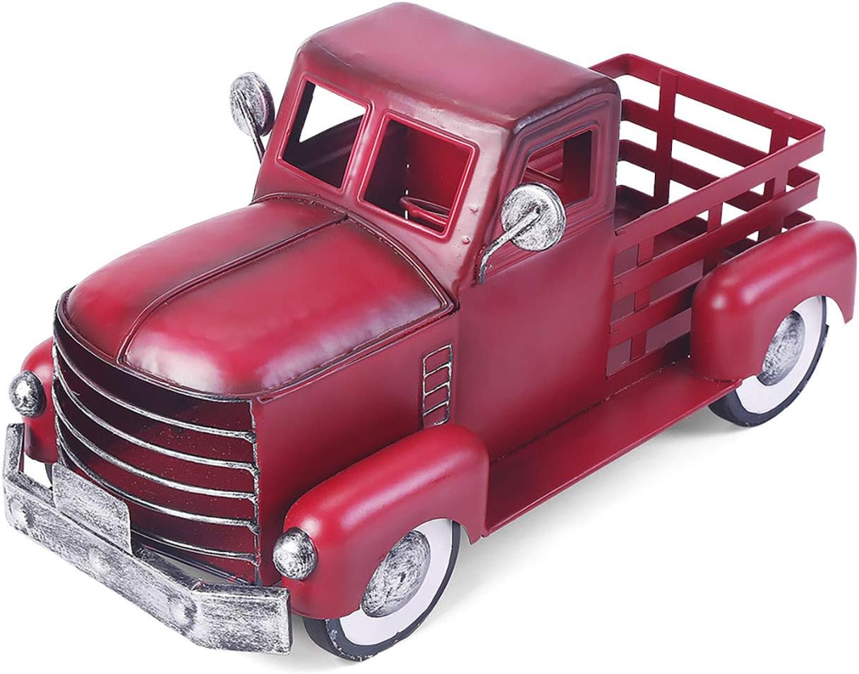 Red Truck Decor, Vintage Pick-up Metal Truck Planter, Farmhouse Decorative Tabletop Storage,Red Truck Christmas Decor & Great Gift for Holiday Decorations (Small Size)
