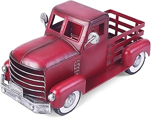 Red Truck Decor, Vintage Pick-up Metal Truck Planter, Farmhouse Decorative Tabletop Storage,Red Truck Christmas Decor & Great Gift for Holiday Decorations (Small Size)