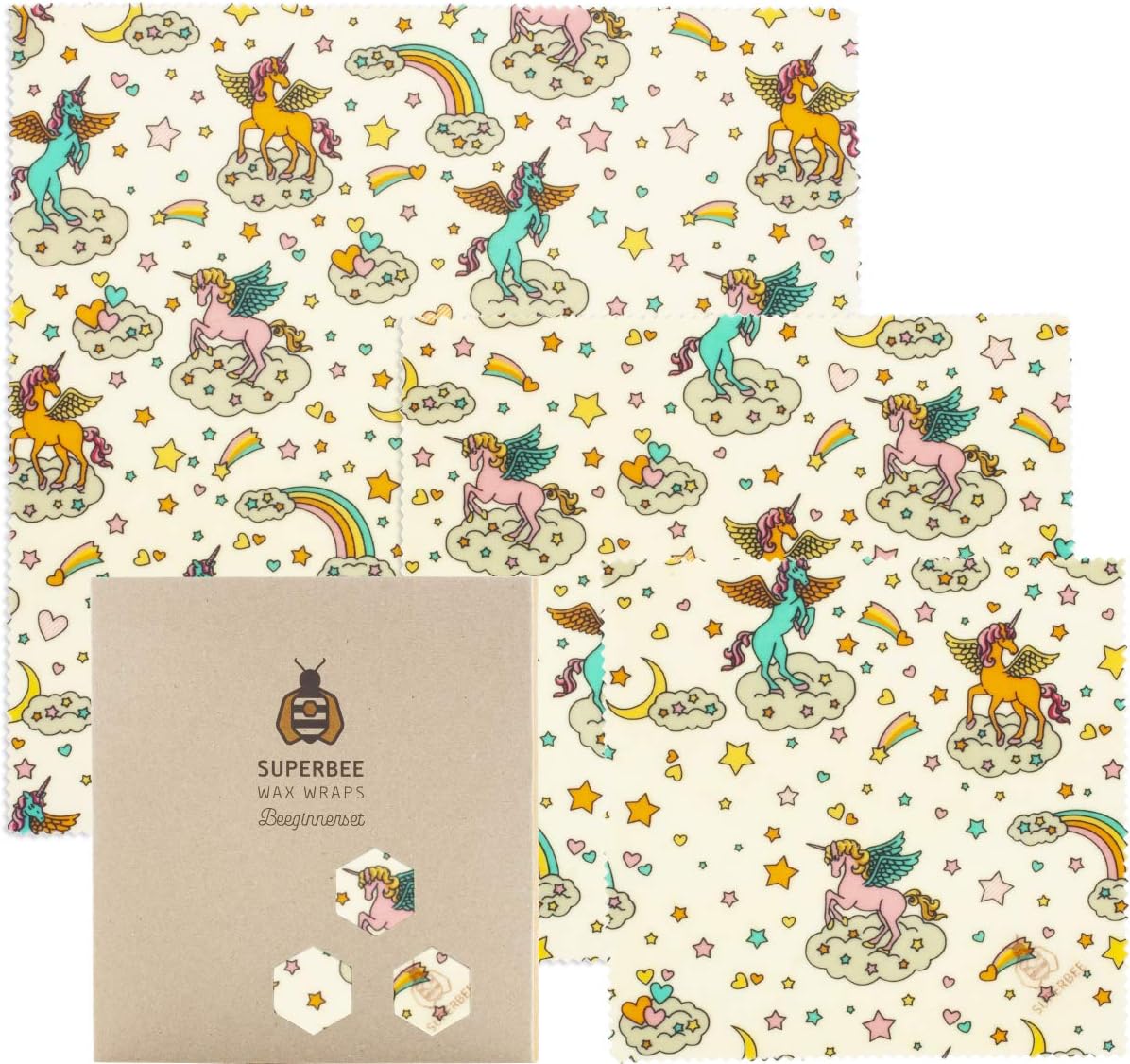 SuperBee Beeswax Wrap | Set of 3: Small, Medium and Large | Unicorns | Reusable, Eco Friendly, Zero Waste Food Wrap