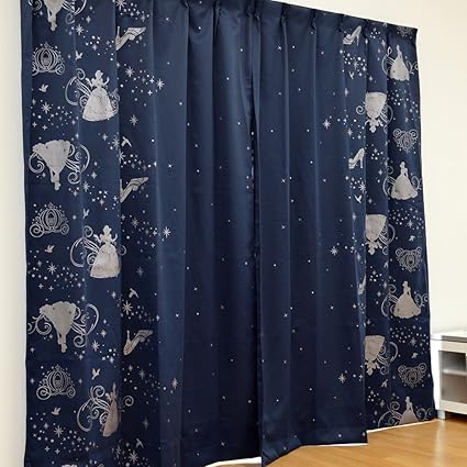 Amazon ディズニー 1級遮光カーテン シンデレララメプリント ネイビーブルー 幅100cm 丈230cm 2枚組 日本製 こだわり安眠館 カーテン 通販