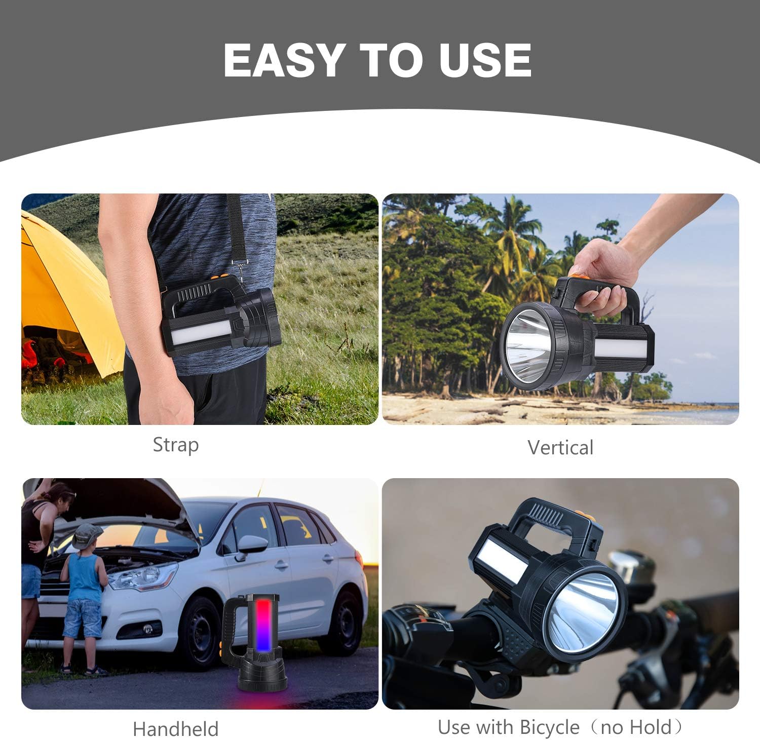 Spotlight Super Bright LED Handheld Flashlight 6000 Lumen Super Bright Waterproof 6 Lighting Modes Side Searchlight 9600MAh Large Battery Rechargeable Spot Light with Foldable Tripod - - 