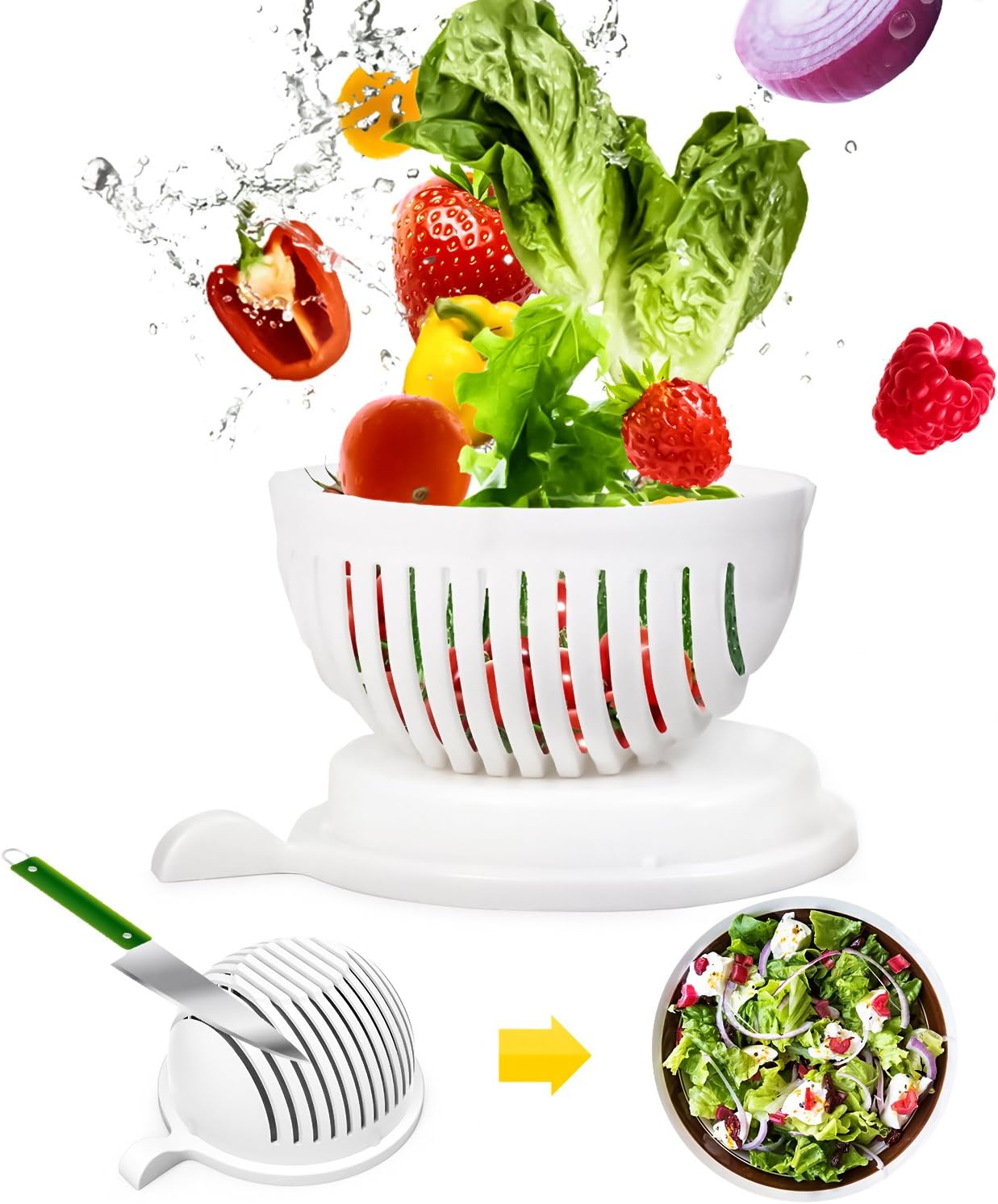 Salad Cutter Bowl,Salad Maker,60 Second Salad Chopper Vegetable and Fruit Cutter Bowl Salad Spinners With Smiling Flatware