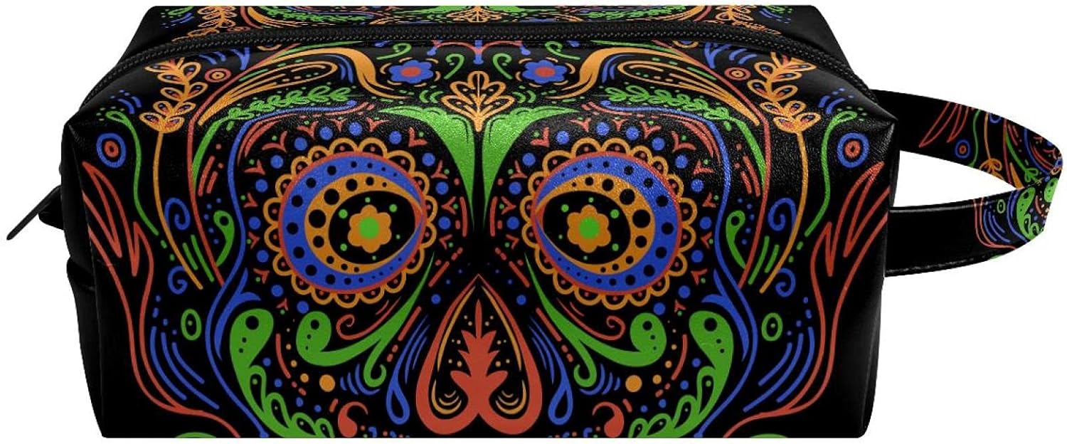 Colorful Sugar Skull Decor Waterproof Leather Travel Cosmetic Handy Pouch Zipper Toiletry Bags for Women Girl Best Gifts