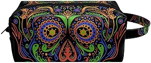 Colorful Sugar Skull Decor Waterproof Leather Travel Cosmetic Handy Pouch Zipper Toiletry Bags for Women Girl Best Gifts