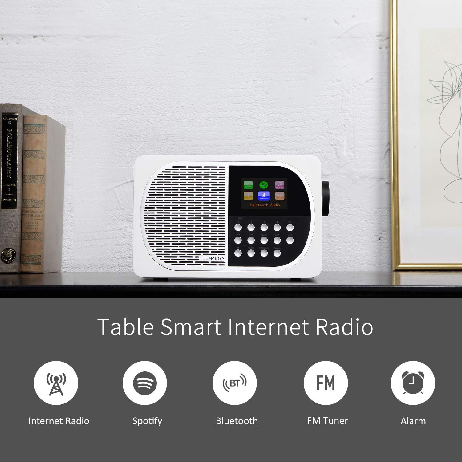 LEMEGA M2+ Smart Internet Radio,Table Radio,FM Radio,Bluetooth,WiFi,Spotify Connect,Wooden Box,Headphones-Out,AUX-in,USB MP3, Alarms& Clock,Kitchen/Sleep/Snooze Timer,20 Stations Presets-White Satin: Electronics