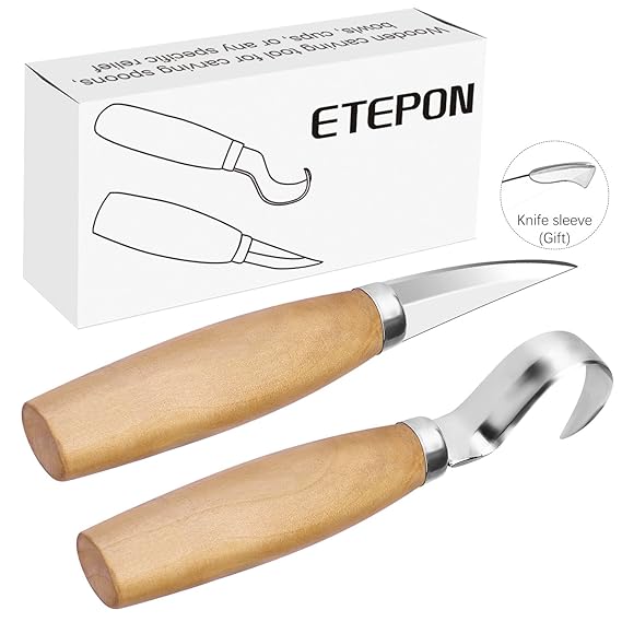 ETEPON Schnitzmesser,Werkzeug Kerbschnitzmesser Schälmesser mit Messer Hülse + Haken Messer, Holzschnitzerei Kit für Löffel S