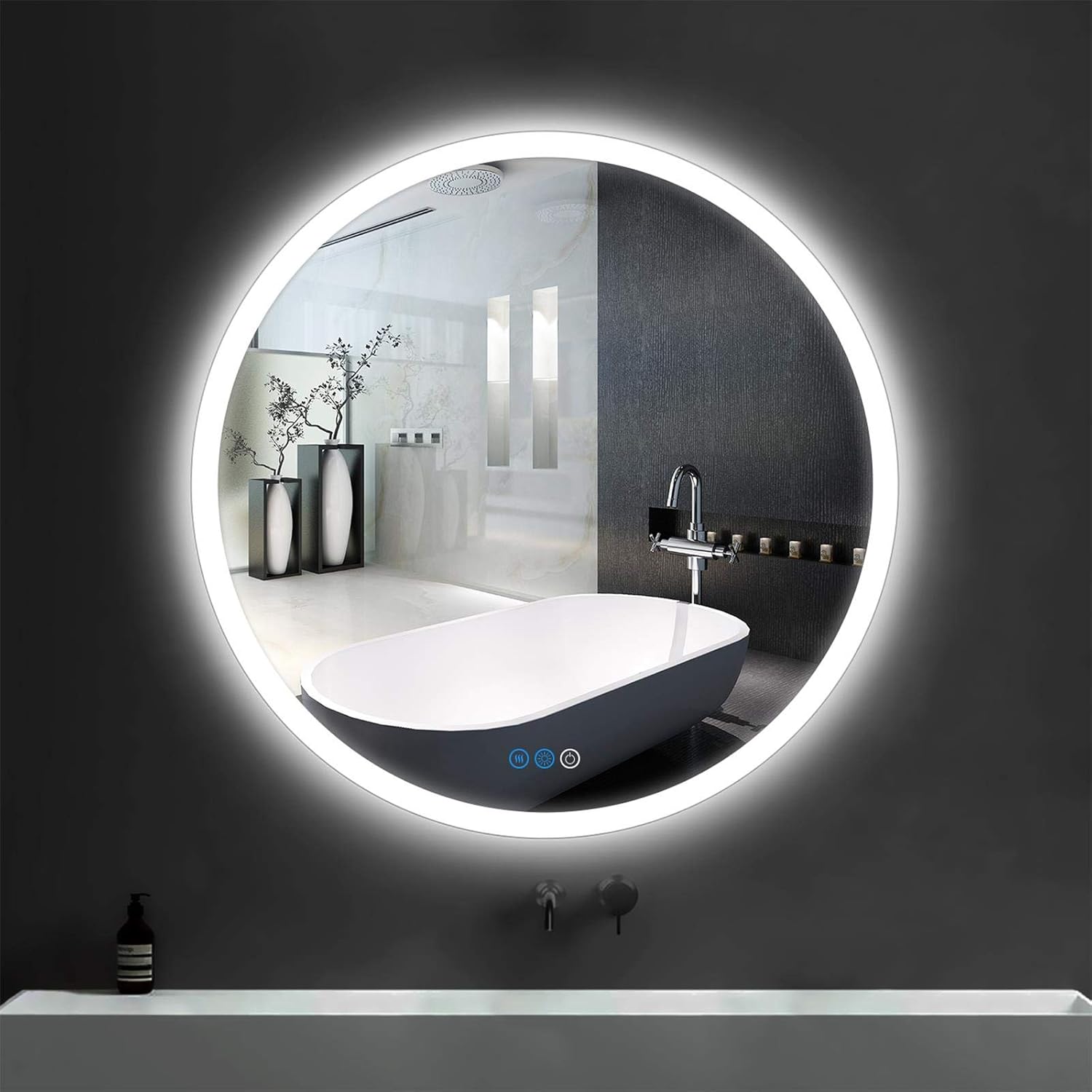Amazon Com 24 In Dimmable Led Bathroom Mirror Modern Round Wall Mounted Mirror With Anti Fog Frameless Backlit Light Vanity Makeup Mirror Kitchen Dining amazon com