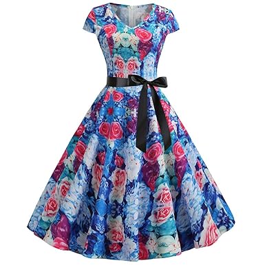 IZZB Mode Damen Sommer Partykleid Vintage 1950er Jahre Retro Kurzarm Dot Print Abend Prom Swing Freizeitkleid Abendkleid Cock